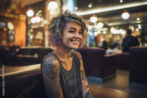 happy woman with tattoos and grunge gray tank in bar photo