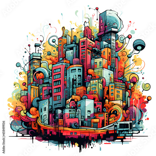 illustration of a town with colorfull graffity style