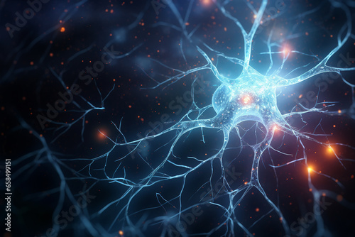 Medicine  science and sci-fi concept. Abstract illustration of human brain neurons with bright electric impulse. Abstract background with copy space. Generative AI