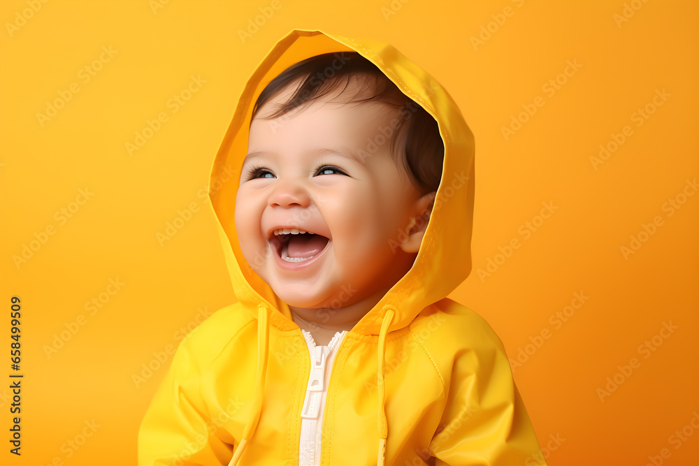 Portrait of a cute baby boy wearing yellow hoody laughing on bright yellow background Portrait of a cute baby boy wearing yellow hoody laughing on bright yellow background