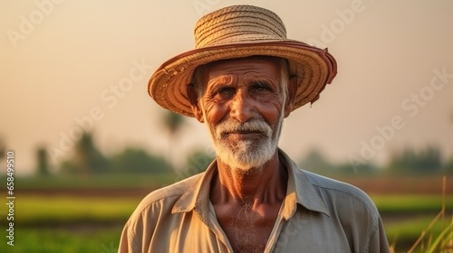 Old asian farmer man standing on agricultural area. photo