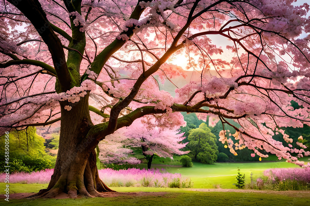 Fototapeta premium Cherry Blossom Tree in the Spring Landscape. Nature's Pink Landscape. Generative AI