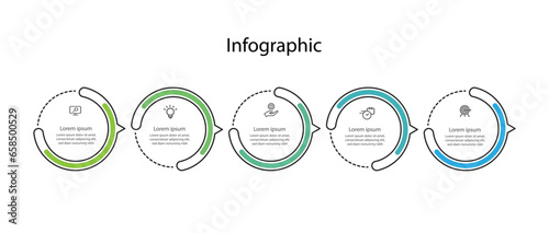 5 circle step infographic template with icons and line style. 