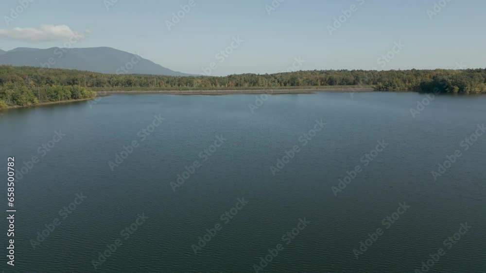 Beautiful lake with mountain backdrop on a summer morning, drone 4K Beautiful lake with mountain backdrop on a summer morning, drone 4K