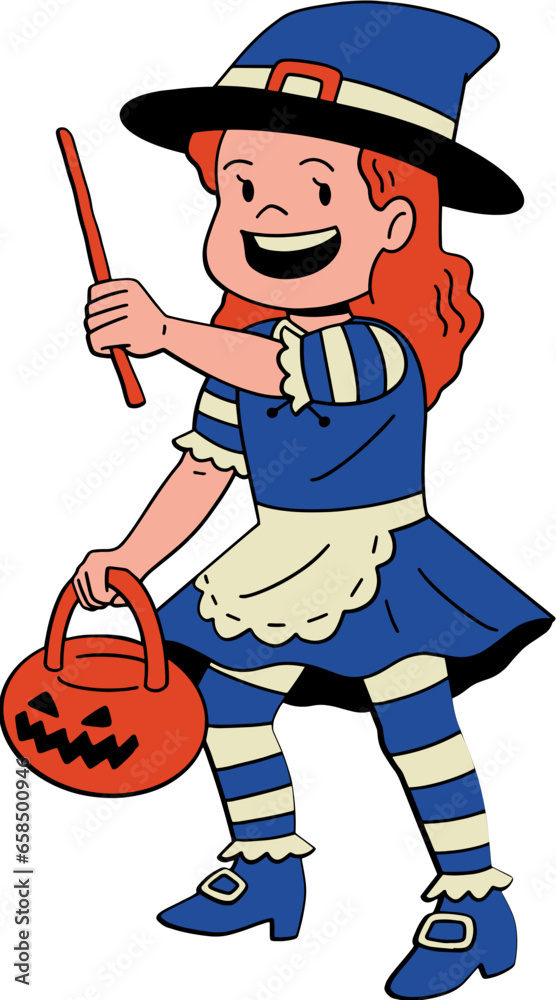 Obraz premium Cute little witch holding a magic wand cartoon illustration
