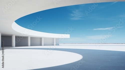 Generative AI : Empty concrete floor for car park. 3d rendering of abstract white building with blue sky background.