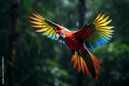 Generative AI : Red parrot in the rain. Macaw parrot flying in dark