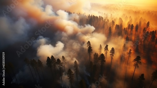 Aerial view  Forest fire on mountain  Burning coniferous forest.