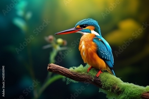 Generative AI : bright kingfisher sitting on thin branch against green background in nature