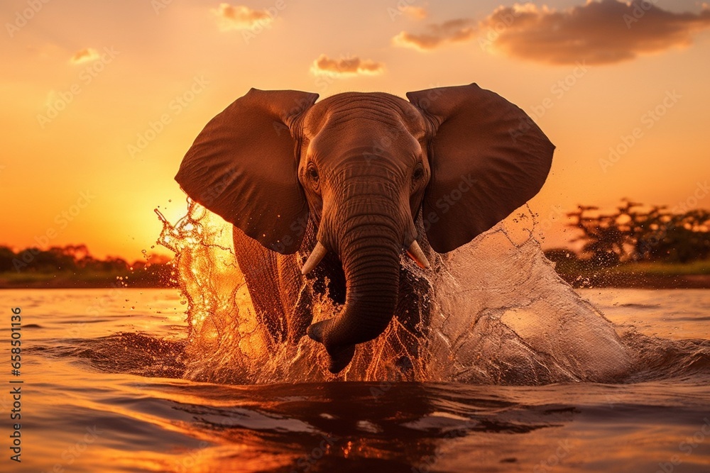 Generative AI silhouette of Elephants walking through the grassFields