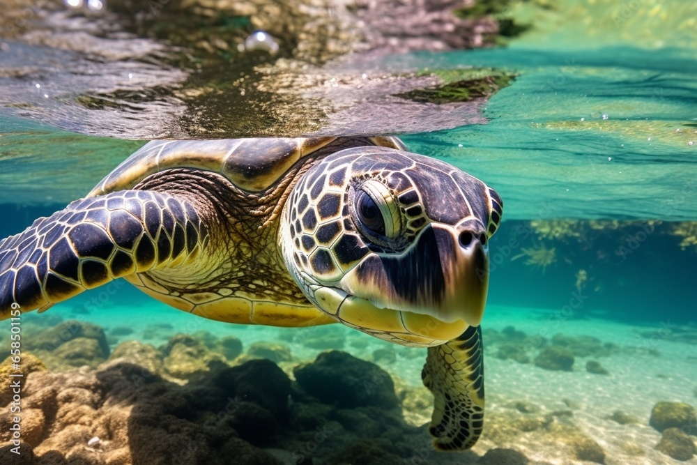 Fototapeta premium Generative AI : Galapagos Ecuador - Beautiful green sea turtle swimming under water