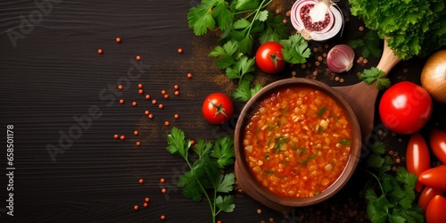 Generative AI : vegetable soup with red lentils and tomatoes close-up on the table photo