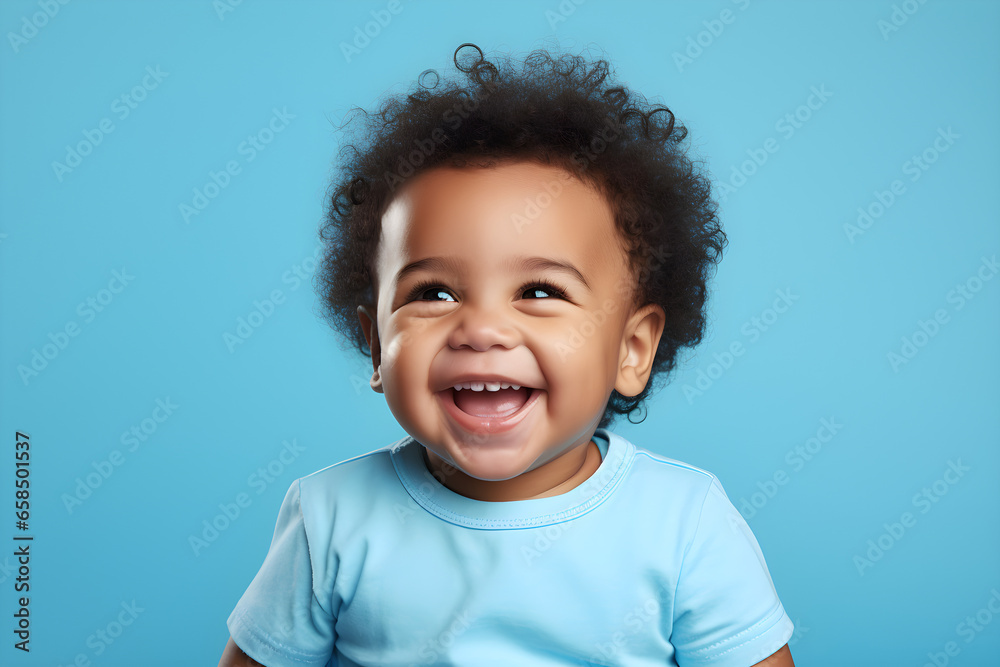 Portrait of a cute African American baby boy wearing blue tee shirt laughing on bright blue background Portrait of a cute African American baby boy wearing blue tee shirt laughing on bright blue background