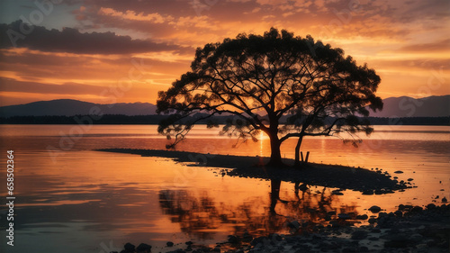 trees near water during beautiful sunset, generative ai