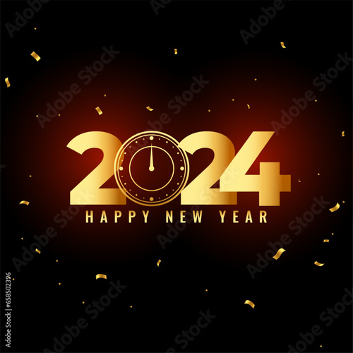 happy new year 2024 party card with golden clock design
