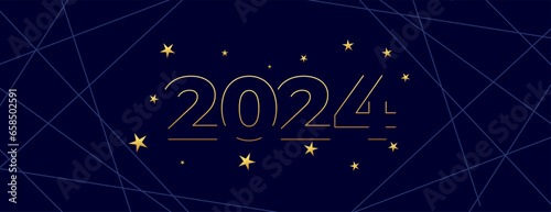 line style 2024 golden text new year banner with star decoration