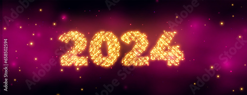 happy new year 2024 greeting banner with golden sparkling effect