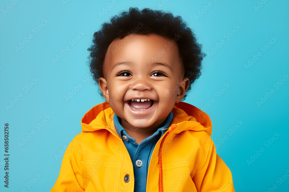Portrait of a cute African American baby boy wearing yellow jacket laughing on bright blue background Portrait of a cute African American baby boy wearing yellow jacket laughing on bright blue background