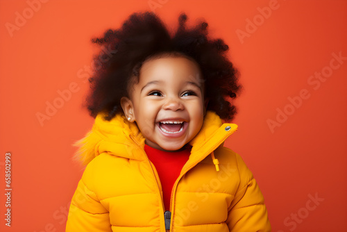 Portrait of a cute African American baby girl wearing yellow jacket laughing on bright orange background