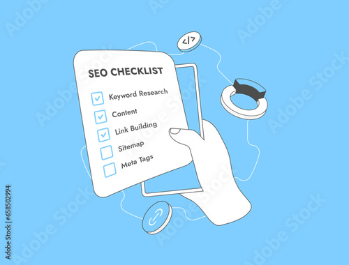 SEO checklist - Complete Task lists for website optimization concept. SEO checklist vector illustration isolated on blue background with icons