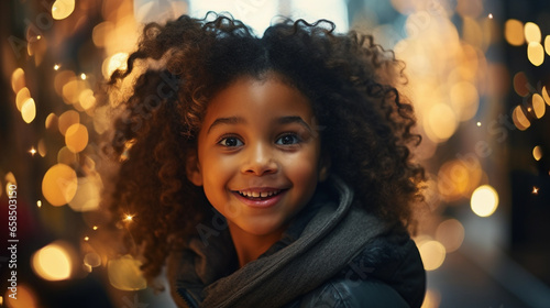 Portrait of a little happy dark-skinned girl on a blurred background, beautiful lighting.