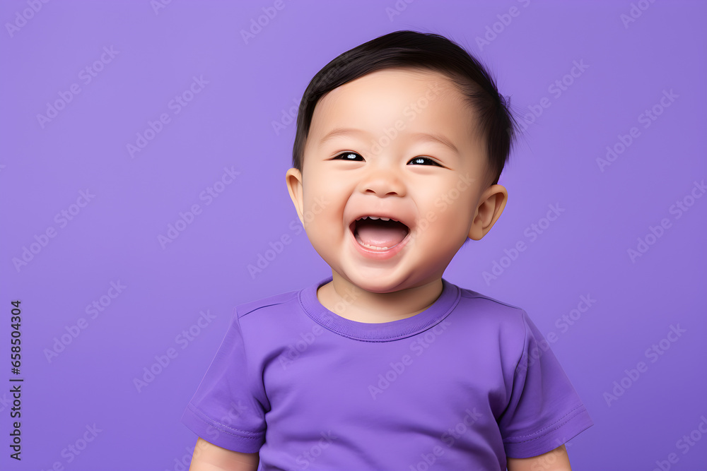 Portrait of a cute Asian American baby boy wearing purple tee shirt laughing on purple background - obrazy, fototapety, plakaty 