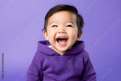 Portrait of a cute Asian American baby boy wearing purple hoody laughing on purple background