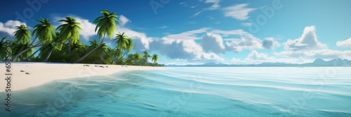 illustration of tropical paradise wallpaper with palm trees and a turquoise ocean, generative AI © VALUEINVESTOR