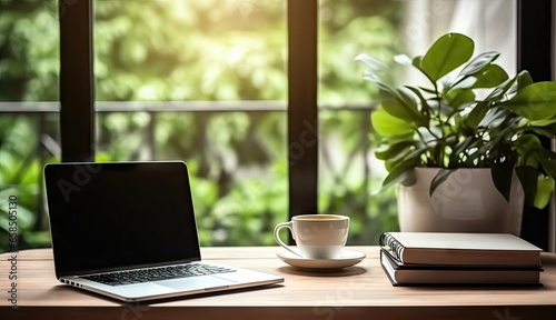 Laptop with coffee cup on work desk. Modern office workspace with view. Contemporary home setup. Professional workstation. Minimalist and clean. Morning light