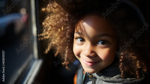 Portrait of a little happy dark-skinned girl on a blurred background, beautiful lighting. © ArturSniezhyn