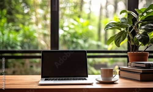 Laptop with coffee cup on work desk. Modern office workspace with view. Contemporary home setup. Professional workstation. Minimalist and clean. Morning light