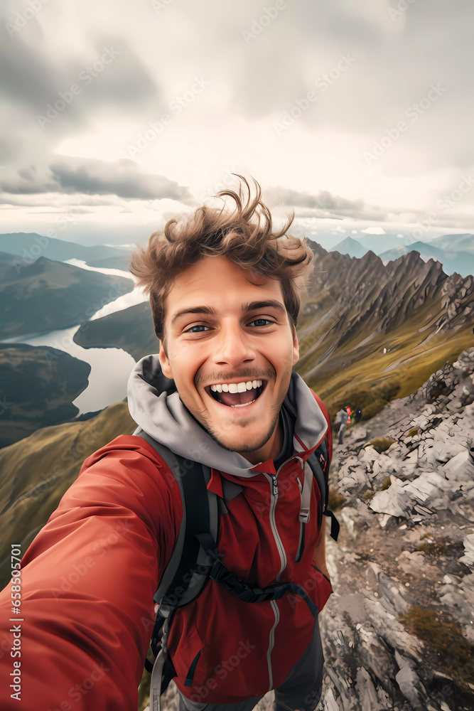 Joyful Hiker Captures Selfie Atop Mountain Celebrating Adventure Achievement