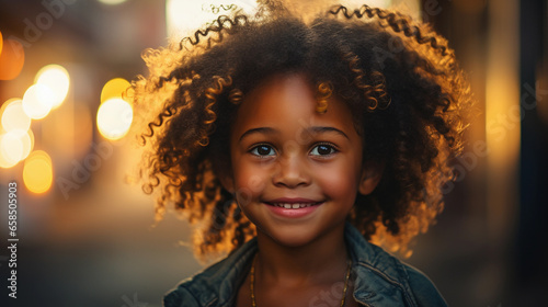 Portrait of a little happy dark-skinned girl on a blurred background, beautiful lighting.