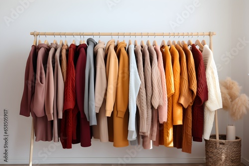 weaters on rack in a living room, in the style of warm color palette, minimalistic composition, elegant clothing, organic material, light maroon and orange, women designers. Generative AI © PSCL RDL