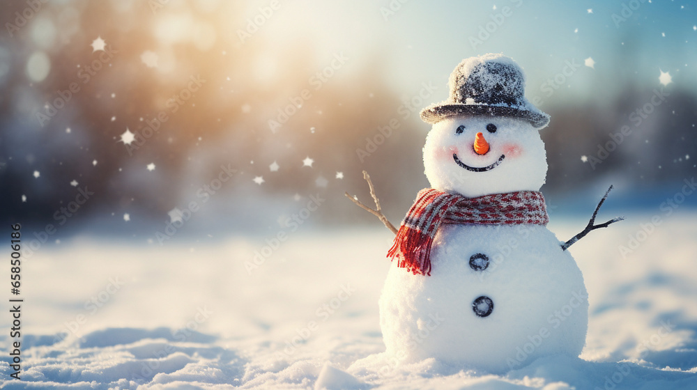 Happy snowman standing in christmas landscape.Snow background.Winter fairytale.