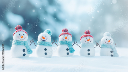 Happy snowman standing in christmas landscape.Snow background.Winter fairytale. © Azlan