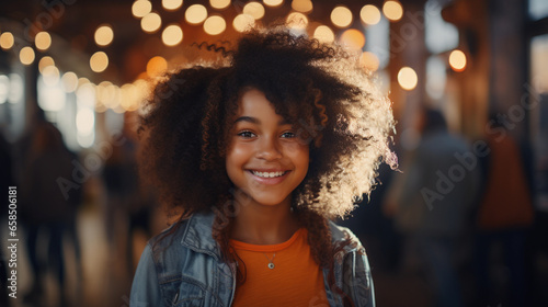 Portrait of a little happy dark-skinned girl on a blurred background, beautiful lighting. © ArturSniezhyn
