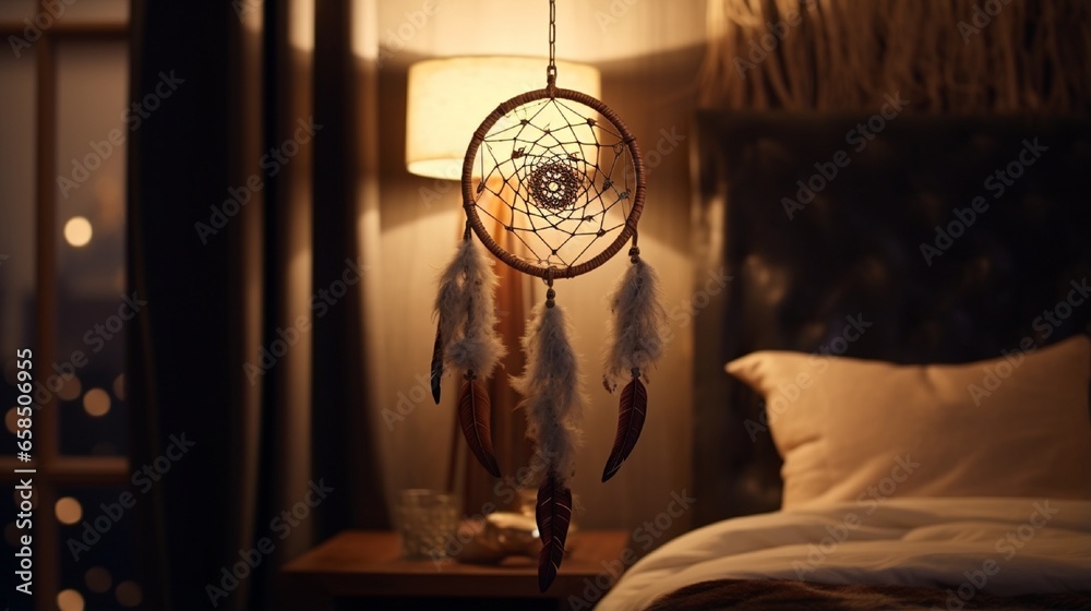 A dream catcher hanging on the luxuary wall in the bedroom4k, high detailed, full ultra HD, High resolution - obrazy, fototapety, plakaty 