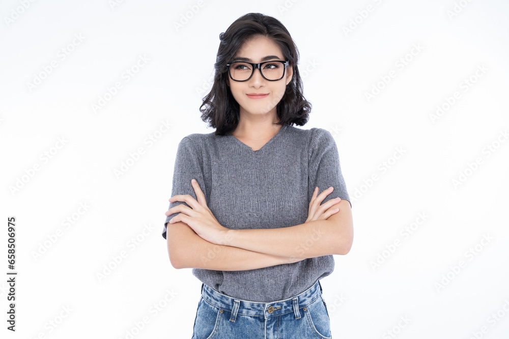 Portriat of Beautiful young Asian woman wearing eyeglasses, looking ...