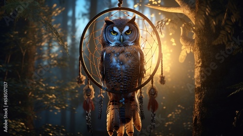 a dream catcher with an owl motif in the dawn forest 4k, high detailed, full ultra HD, High resolution © Muqeet 