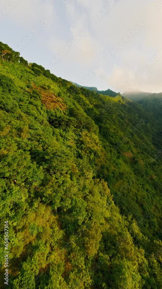 Vertical video. Aerial fpv sport drone raising jungle ridge mountain range cloud evening peak landscape covering green plants Asia. Wild nature destination cinematic green hills with steep slopes 4k Vertical video. Aerial fpv sport drone raising jungle ridge mountain range cloud evening peak landscape covering green plants Asia. Wild nature destination cinematic green hills with steep slopes 4k