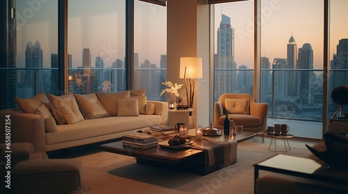 Interior of a Cozy apartment in Dubai  cashmere plaid on the sofa