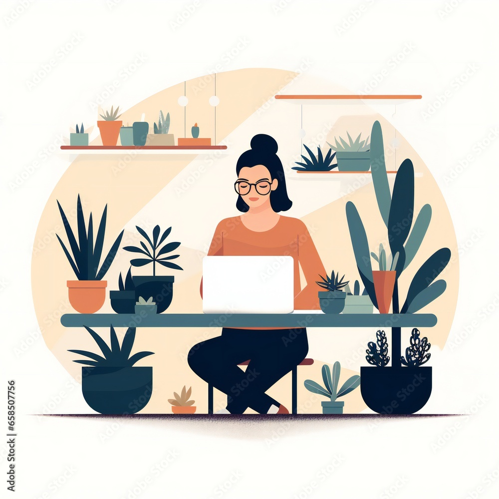 Fototapeta premium woman working from home on laptop surrounded by plants