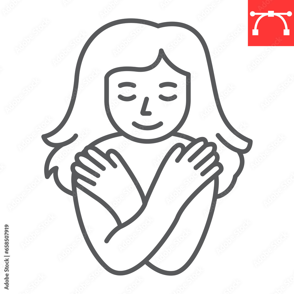 Self love line icon, self acceptance and mindfulness, young woman hugging herself. vector icon, vector graphics, editable stroke outline sign, eps 10. Self love line icon, self acceptance and mindfulness, young woman hugging herself. vector icon, vector graphics, editable stroke outline sign, eps 10.