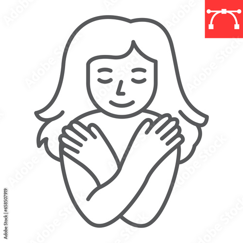 Self love line icon, self acceptance and mindfulness, young woman hugging herself. vector icon, vector graphics, editable stroke outline sign, eps 10.