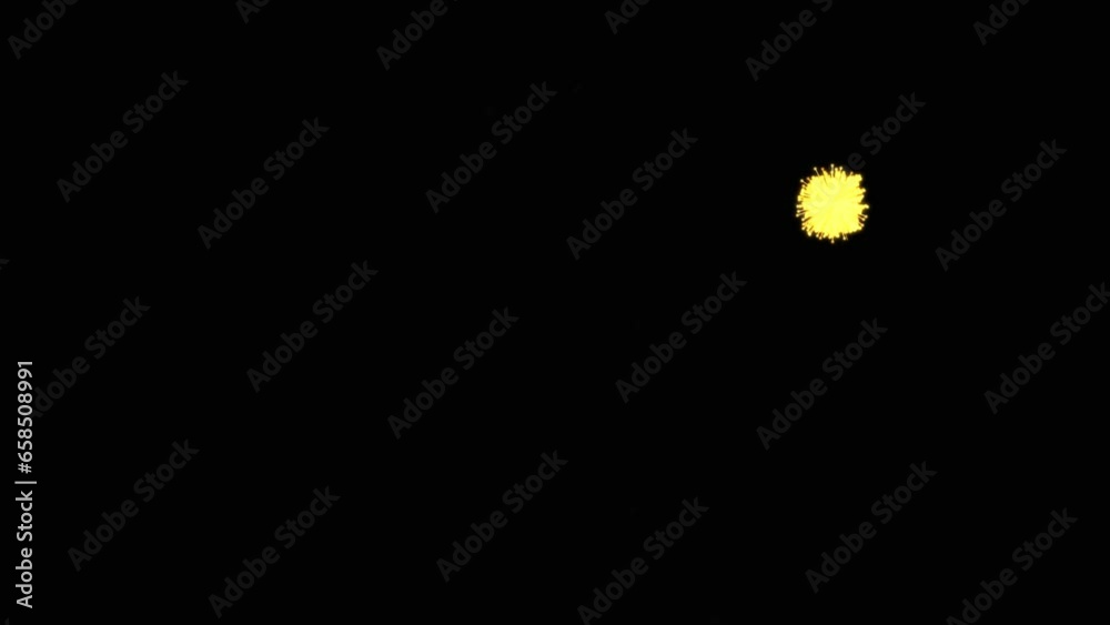 Animación de fuegos artificiales, realistas, de distintos colores sobre fondo negro 