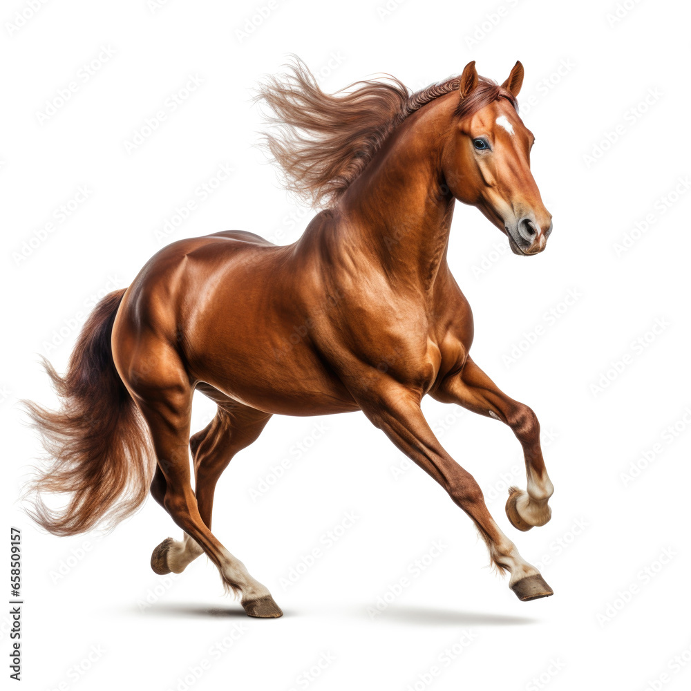 Fototapeta premium Purebred brown horse isolated on white background. Galloping stallion