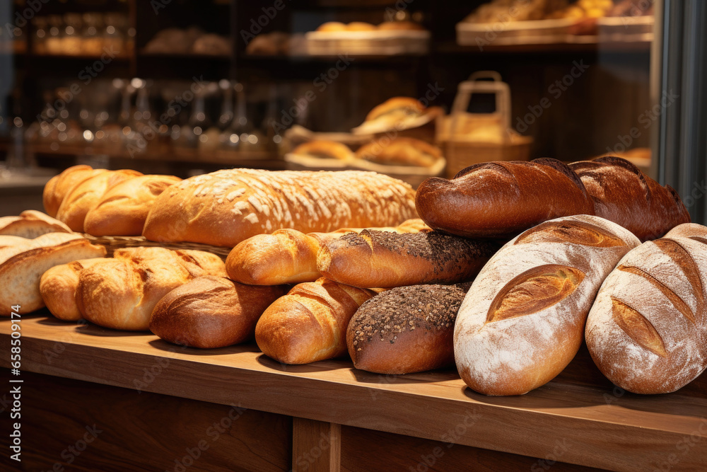 Loaves of bread in bakery shop. Freshly baked whole grain bread