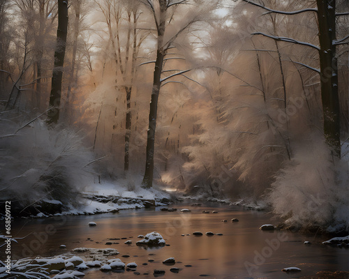 Vista de un río en invierno con árboles sin hojas y nieve a su alrededor con agua clara en la tarde photo