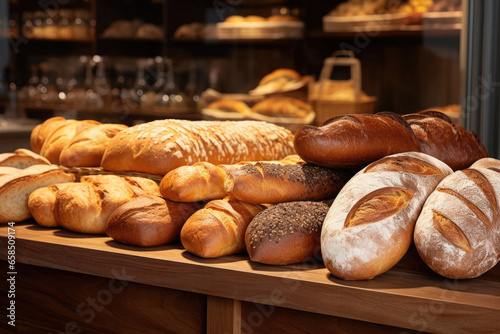 Loaves of bread in bakery shop. Freshly baked whole grain bread